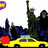 Pixelated image showing yellow taxi, Statue of Liberty, and dark silhouettes against white background with purple-yellow circular shape.