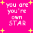 Pixelated text 'you are you're own STAR' repeated four times on a bright pink background with yellow star shapes scattered throughout.