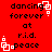 Red background with black text reading "dancing forever at r.i.d. peace" and white square-shaped pixel art elements scattered around the edges.