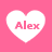 Four white heart shapes on a pink background, each containing the text "Alex" in red.