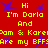 Red background with yellow text reading "Hi I'm Darla And Sam & KarePam & Karen Are my BFFs" and blue star shapes.