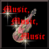 Red text "Music, Music, Music" appears above a violin with pink roses on black background; four show varying starburst effects