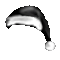 Black and white Santa hat with silver trim and white pom-pom, displayed in a on gray background