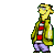 Pixelated character in yellow jacket and purple pants performs sequential actions: standing, turning head right-left-right, bending forward with cloud effect, then returning to upright stance.