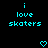 Cyan pixelated text 'i love skaters' on black background with cyan heart symbol below, two identical static frames shown side-by-side.