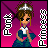 Pixel art doll with brown hair and silver crown, wearing blue dress with white collar, holding pink heart against magenta background with black diagonal lines.