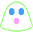 A white ghost-shaped icon with green outline displays various expressions and poses including open eyes, closed eyes, a heart shape, and partial views of the body.