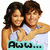 Two people in a close embrace with one arm around the other's shoulder, wearing light blue tops against a white background.