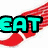 Pixelated text and shapes form a of four sections with 'EAT' in cyan, 'SLEEP' in pink over colorful spheres, and 'RUN' in pink within an oval frame