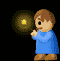 Pixel art animation of a character in blue clothing holding a glowing wand with star effects across nine frames arranged in a 3x3 contact sheet.