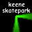 Green neon square outline with four instances of 'keene skatepark' text in white pixelated font on black background.