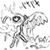 Static grayscale pixel art icon of a stick-figure character in mid-action pose with motion lines and abstract shapes surrounding it, likely from an anime or game series.
