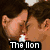 A four- of pixelated images showing a couple kissing, with text overlays reading 'The lion', 'fall in love', 'with the lamb', and a blank