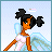 Pixel art of a woman with dark skin and black hair in a high ponytail, wearing a white dress and light blue wings against a pale blue background.