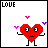 Pixel art contact sheet of six frames showing a red heart-shaped character's emotional transition from happy to sad with text changes and floating hearts.