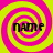Four identical spiral patterns in yellow and pink with the word 'name' overlaid on each, arranged in a