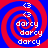 Four identical display a red and blue spiral background with white text reading 'darcy' repeated three times and a white '3' at the top, arranged in a