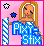 Pixel art icon of a blonde woman in blue dress holding 'Pixie Stix' sign with stars and striped object against pink background.