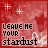 A 4x4 contact sheet of animated frames showing a red starry background with the text "LEAVE ME YOUR stardust" in black pixelated font, where each frame displays different letter visibility and white star positions.