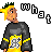 Pixel art buddy icon of a character with spiky yellow and green hair wearing a black shirt with yellow accents, standing next to floating pixelated symbols.