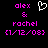 Pixelated text and a heart symbol on black background, with pink text reading 'alex & rachel [1/12/08]' in two identical side-by-side