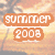 Pixelated beach sunset scene with palm trees and orange text reading 'summer 2008' in two styles.