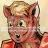 Pixelated avatar of a cartoon animal with brown fur, large ears, and a red garment, set against a light gradient background.
