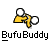 Two static frames of a pixelated yellow stick figure icon with white circular heads and limbs, displayed side-by-side on a gray background with "BufuBuddy" text below each frame.