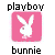 Pixelated static icon featuring a pink square with white bunny logo and black text "playboy" above and "bunnie" below on white background.