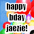 Pixelated graphic with three stacked text blocks reading 'happy bday jaecie!' against a colorful abstract background of blue, red, yellow, green, and purple shapes.