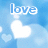 Blue background with white hearts and the word 'love' in light blue text, featuring a soft blurred effect.