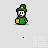 Pixel art character in green outfit with yellow star, holding golden object, shown in multiple poses including standing, turning, and interacting with smaller figure.