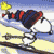 Pixelated cartoon icon of a character in mid-air with outstretched limbs, holding a yellow flag against a sky and ground background.