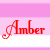 A 4x3 contact sheet of a pink-themed animated buddy icon featuring repeated red text "Amber" with decorative swirls, white and purple hearts on alternating light pink and white horizontal stripes.