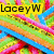 A colorful pixelated image with three distinct sections: a rainbow swirl lollipop, a bright starburst, and a striped candy background, each with "LaceyW" text.