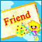 A pixelated banner with 'Friend' text shows a yellow-haired character in purple clothing, holding colorful dots against a blue sky background.