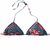 Five bikini tops displayed in two , featuring various colors and patterns with halter straps