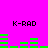 Bright pink background with four 'K-RAD' text labels and green audio equalizer bars in two , each showing different bar heights