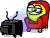 Pixelated character in red hoodie with yellow face and glasses, holding black radio-like device against gray background.