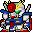 Pixelated mecha with red head, blue torso, and white limbs stands against gray background; yellow sparks radiate from shoulders as green light glows on chest.