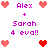 Pixel art displays 'Alex + Sarah 4 eva!!' with heart symbols in pink and red, arranged in a pattern on white background