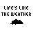 Animated sequence showing cloud and sun icons with rain, transitioning to text 'IT'S UNPREDICTABLE' in pixelated font.