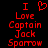 Red pixelated text on black background reads "I Love Captain Jack Sparrow" with a heart symbol replacing the 'O' in Love.