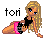Pixel art of a blonde woman in black top and pink shorts lying on her side, with 'tori' text showing color variations across frames.