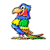 A colorful parrot icon with blue, green, yellow, and red plumage stands on a grassy base, its head turning from left to right
