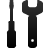 Two black wireframe tools on a light gray background: a screwdriver on the left and a wrench on the right with a small square hole near the bottom.