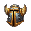 Animated sequence of a medieval helmet with golden horns and blue-gray metal surface, showing rotation from front to side views.