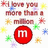 Pixelated image with text "I love you more than a" surrounded by colorful starbursts and two red circular icons containing white 'm' symbols.