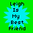 Green background with four identical blue starburst shapes, each containing black pixelated text reading "Leigh Is My Best Friend".