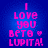 Pixelated text on blue background reads 'I Love you BETA ♥ LUPITA!' in pink letters with two identical frames showing slight color variation.